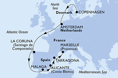 Dánsko, Holandsko, Španielsko, Tarragona, Francúzsko z Kodane na lodi MSC Euribia