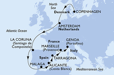 Dánsko, Holandsko, Španielsko, Tarragona, Francúzsko, Taliansko z Kodane na lodi MSC Euribia