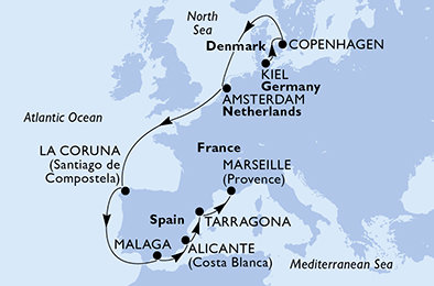 Nemecko, Dánsko, Holandsko, Španielsko, Tarragona, Francúzsko z Kielu na lodi MSC Euribia