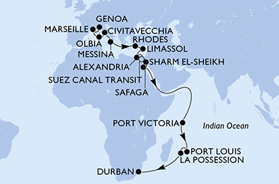 Taliansko, Francúzsko, Grécko, Cyprus, Egypt, Seychely, Maurícius, Reunion, Juhoafrická republika z Janova na lodi MSC Sinfonia