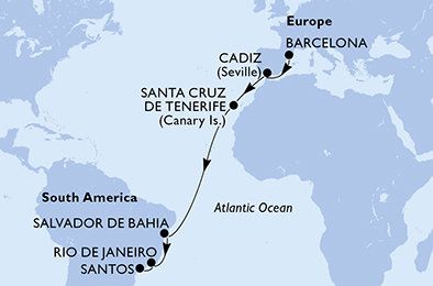 Španielsko, Brazília z Barcelony na lodi MSC Armonia