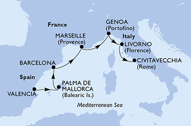 Španielsko, Francúzsko, Taliansko z Valencie na lodi MSC Sinfonia