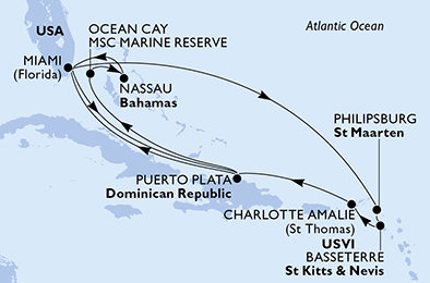 USA, Svatý Martin, Svätý Krištof a Nevis, Dominikánska republika, Bahamy z Miami na lodi MSC Seashore