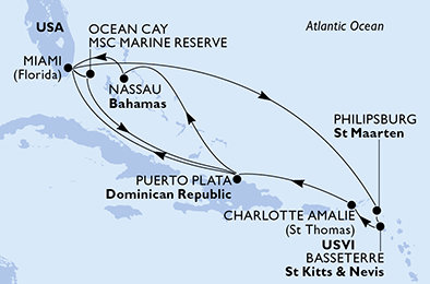 USA, Bahamy, Dominikánska republika, Svatý Martin, Svätý Krištof a Nevis z Miami na lodi MSC Seashore