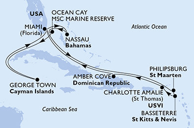USA, Bahamy, Kajmanské ostrovy, Svatý Martin, Svätý Krištof a Nevis, Dominikánska republika z Miami na lodi MSC Seashore