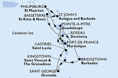 Martinik, Guadeloupe, Svatý Martin, Antigua a Barbuda, Svätý Krištof a Nevis, Dominika, Barbados, Svätý Vincent a Grenadiny, Grenada, Svätá Lucia z Fort de France na lodi MSC World Europa