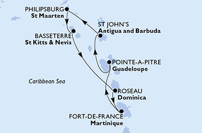 Guadeloupe, Antigua a Barbuda, Svatý Martin, Svätý Krištof a Nevis, Dominika, Martinik z Pointe-à-Pitre na lodi MSC World Europa
