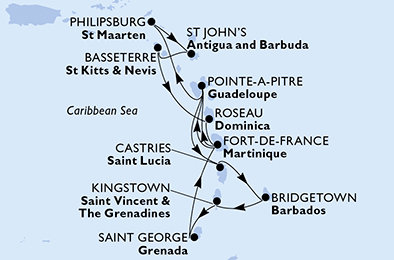 Martinik, Guadeloupe, Svatý Martin, Antigua a Barbuda, Svätý Krištof a Nevis, Dominika, Svätá Lucia, Barbados, Svätý Vincent a Grenadiny, Grenada z Fort de France na lodi MSC World Europa