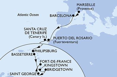 Francúzsko, Španielsko, Svatý Martin, Svätý Krištof a Nevis, Svätý Vincent a Grenadiny, Barbados, Grenada, Martinik z Marseille na lodi MSC World Europa