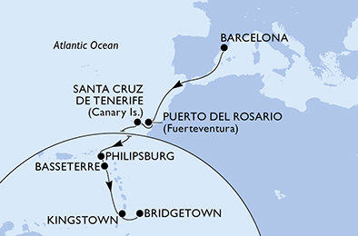 Španielsko, Svatý Martin, Svätý Krištof a Nevis, Svätý Vincent a Grenadiny, Barbados z Barcelony na lodi MSC World Europa