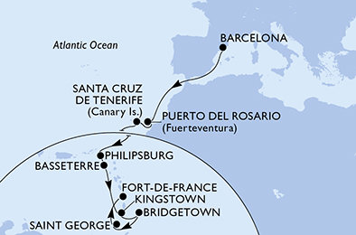 Španielsko, Svatý Martin, Svätý Krištof a Nevis, Svätý Vincent a Grenadiny, Barbados, Grenada, Martinik z Barcelony na lodi MSC World Europa