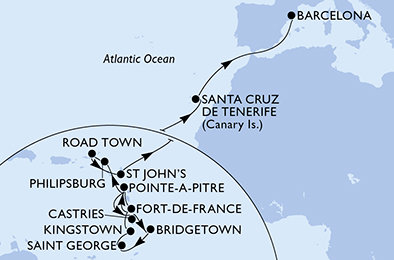 Martinik, Guadeloupe, Svätá Lucia, Barbados, Grenada, Svätý Vincent a Grenadiny, Svatý Martin, Britské Panenské ostrovy, Antigua a Barbuda, Španielsko z Fort de France na lodi MSC World Europa