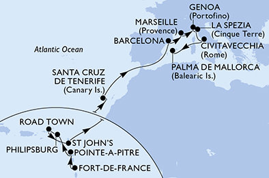 Martinik, Guadeloupe, Svatý Martin, Britské Panenské ostrovy, Antigua a Barbuda, Španielsko, Francúzsko, Taliansko z Fort de France na lodi MSC World Europa