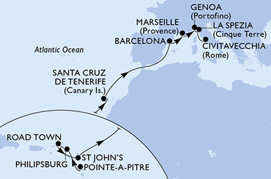 Guadeloupe, Svatý Martin, Britské Panenské ostrovy, Antigua a Barbuda, Španielsko, Francúzsko, Taliansko z Pointe-à-Pitre na lodi MSC World Europa