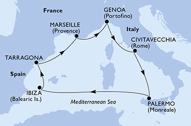 Taliansko, Španielsko, Tarragona, Francúzsko z Janova na lodi MSC Seaview