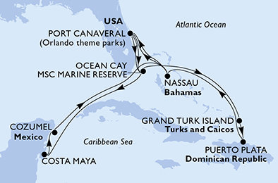 USA, Bahamy, Mexiko, Veľká Británia, Dominikánska republika z Port Canaveralu na lodi MSC World Atlantic