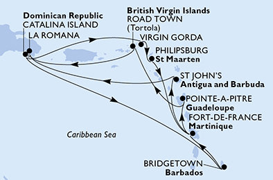 Dominikánska republika, Veľká Británia, Svatý Martin, Martinik, Antigua a Barbuda, Barbados, Guadeloupe, Britské Panenské ostrovy z La Romany na lodi MSC Opera