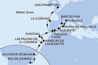 Veľká Británia, Španielsko, Francúzsko, Portugalsko, z Lanzarote, Brazília zo Southamptonu na lodi MSC Virtuosa