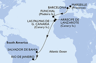 Francúzsko, Španielsko, Portugalsko, z Lanzarote, Brazília z Marseille na lodi MSC Virtuosa