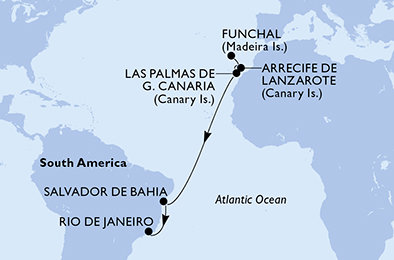 Portugalsko, z Lanzarote, Španielsko, Brazília z Funchalu na lodi MSC Virtuosa