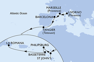 Taliansko, Francúzsko, Španielsko, Maroko, Antigua a Barbuda, Svatý Martin, Svätý Krištof a Nevis, Dominikánska republika z Livorna na lodi MSC Opera