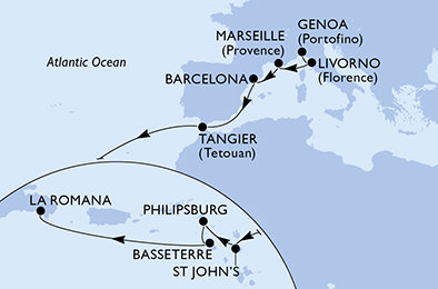 Taliansko, Francúzsko, Španielsko, Maroko, Antigua a Barbuda, Svatý Martin, Svätý Krištof a Nevis, Dominikánska republika z Janova na lodi MSC Opera