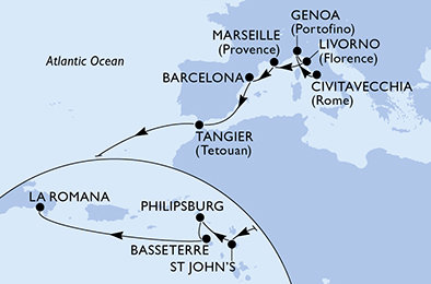 Taliansko, Francúzsko, Španielsko, Maroko, Antigua a Barbuda, Svatý Martin, Svätý Krištof a Nevis, Dominikánska republika z Civitavechie na lodi MSC Opera