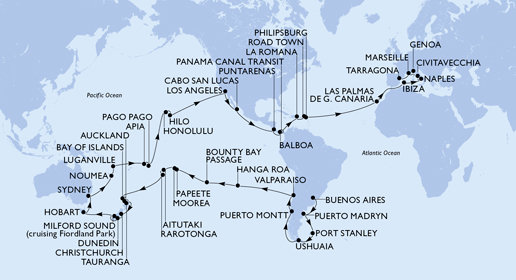 Argentína, Zámořské území Velké Británie, Chile, Francouzská Polynésie, Cookovy ostrovy, Nový Zéland, Austrália, Nová Kaledonie, Vanuatu, Samoa, Americká Samoa, USA, Mexiko, Kostarika, , Panama, Dominikánska republika, Britské Panenské ostrovy, Svatý Martin, Španielsko, Taliansko, Francúzsko, Tarragona z Buenos Aires na lodi MSC Magnifica