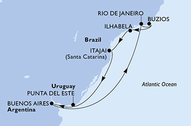 Argentína, Brazília, Uruguaj z Buenos Aires na lodi MSC Splendida
