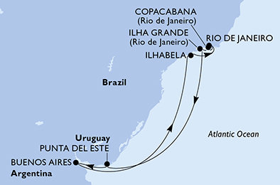 Argentína, Brazília, Uruguaj z Buenos Aires na lodi MSC Splendida