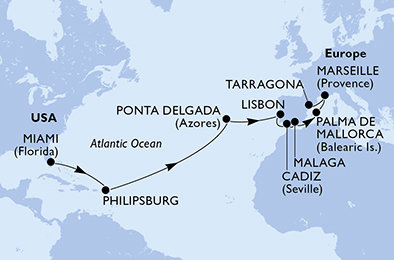 USA, Svatý Martin, Portugalsko, Španielsko, Francúzsko, Tarragona z Miami na lodi MSC Meraviglia