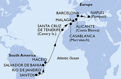 Brazília, Španielsko, Maroko, Taliansko zo Santosu na lodi MSC Divina