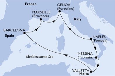 Španielsko, Francúzsko, Taliansko, Malta z Barcelony na lodi MSC World Asia