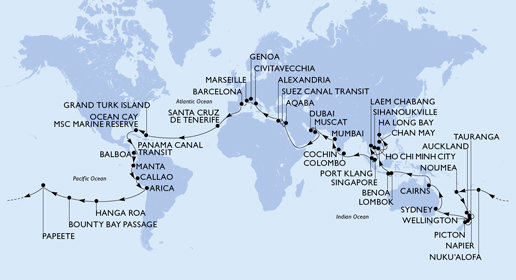 Španielsko, Veľká Británia, Bahamy, Panama, , Ekvádor, Peru, Chile, Zámořské území Velké Británie, Francouzská Polynésie, Tonga, Nová Kaledonie, Nový Zéland, Austrália, Indonézia, Vietnam, Thajsko, Kambodža, Singapur, Malajzia, Srí Lanka, India, Spojené arabské emiráty, Omán, Jordánsko, Egypt, Taliansko, Francúzsko z Barcelony na lodi MSC Magnifica