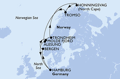 Nemecko, Nórsko, Trondheim z Hamburgu na lodi MSC Preziosa