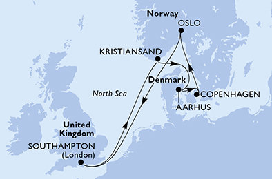 Veľká Británia, Nórsko, Dánsko, Oslo zo Southamptonu na lodi MSC Meraviglia