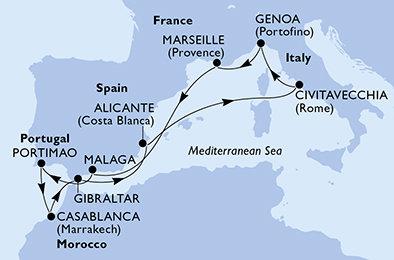 Španielsko, Portugalsko, Maroko, Gibraltár, Taliansko, Francúzsko z Málagy na lodi MSC Sinfonia