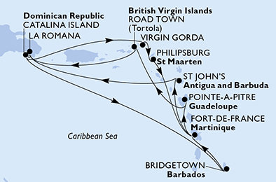 Dominikánska republika, Barbados, Martinik, Guadeloupe, Britské Panenské ostrovy, Veľká Británia, Svatý Martin, Antigua a Barbuda z La Romany na lodi MSC Opera