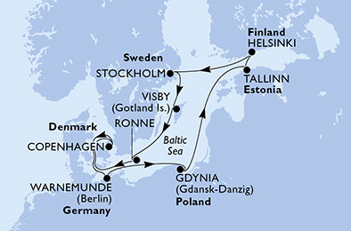 Nemecko, Poľsko, Estónsko, Fínsko, Švédsko, Dánsko z Warnemünde na lodi MSC Splendida