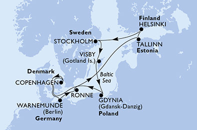 Nemecko, Dánsko, Estónsko, Fínsko, Švédsko, Poľsko z Warnemünde na lodi MSC Splendida