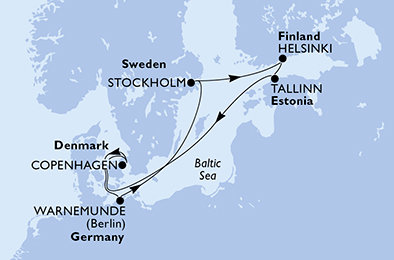 Nemecko, Švédsko, Fínsko, Estónsko, Dánsko z Warnemünde na lodi MSC Splendida