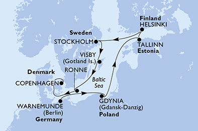Nemecko, Poľsko, Estónsko, Fínsko, Švédsko, Dánsko z Warnemünde na lodi MSC Splendida