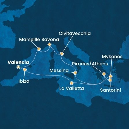 Španielsko, Francúzsko, Taliansko, Grécko, Malta z Valencie na lodi Costa Serena