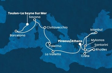 Grécko, Turecko, Malta, Taliansko, Španielsko, Francúzsko z Pireusu na lodi Costa Fortuna
