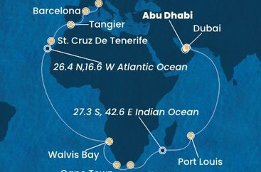 Spojené arabské emiráty, Maurícius, Juhoafrická republika, Namíbia, Španielsko, Maroko, Taliansko z Abu Dhabi na lodi Costa Smeralda