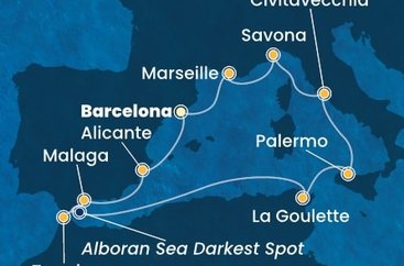 Španielsko, Maroko, , Tunisko, Sicília, Taliansko, Francúzsko z Barcelony na lodi Costa Toscana
