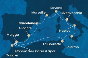 Španielsko, Maroko, , Tunisko, Sicília, Taliansko, Francúzsko z Barcelony na lodi Costa Toscana