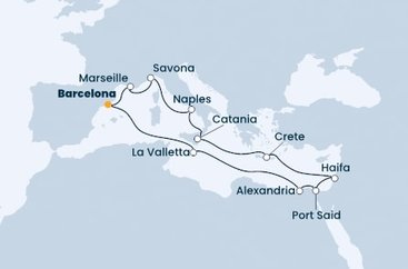 Španielsko, Francúzsko, Taliansko, Grécko, Izrael, Egypt, Malta z Barcelony na lodi Costa Pacifica