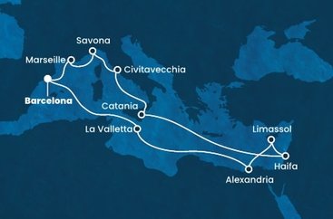 Španielsko, Francúzsko, Taliansko, Izrael, Cyprus, Egypt, Malta z Barcelony na lodi Costa Diadema