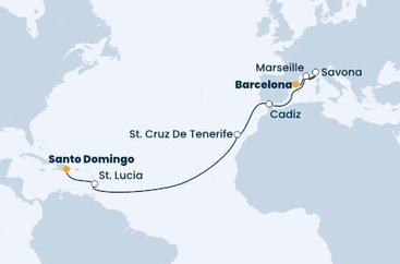 Španielsko, Francúzsko, Taliansko, Svätá Lucia, Dominikánska republika z Barcelony na lodi Costa Pacifica